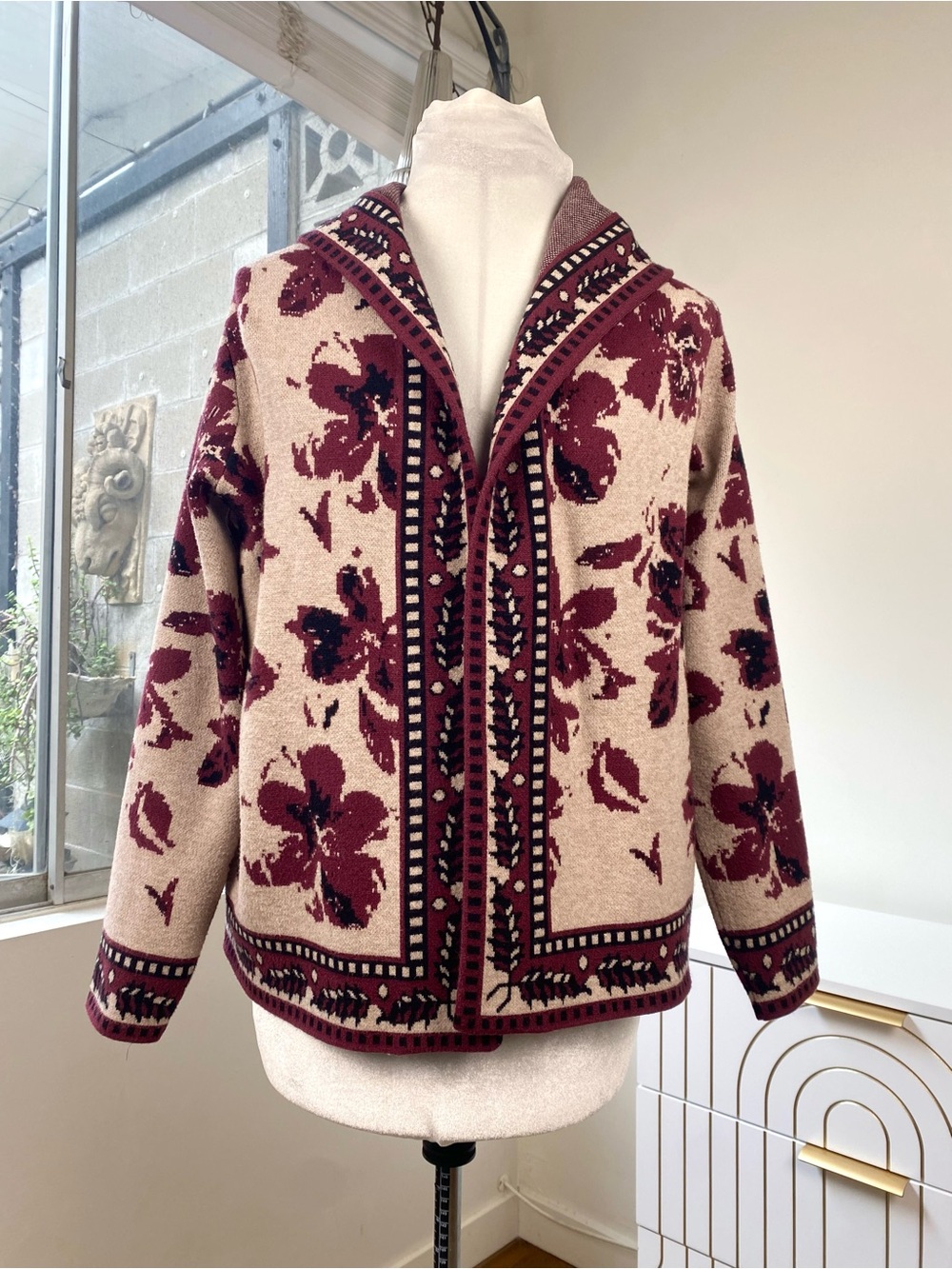 Rachel Zoe Burgundy Floral Jacquard Hooded Cardigan Sweater, Size S - Picture 2 of 9